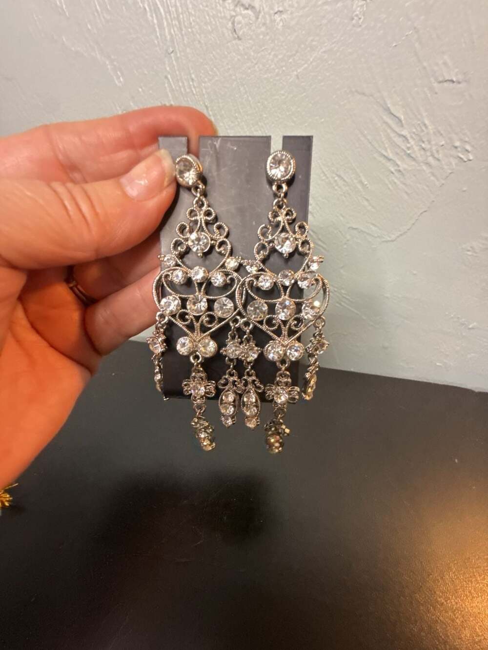 Silver Tone Filigree Statement Chandelier Earrings with Clear Rhinestones